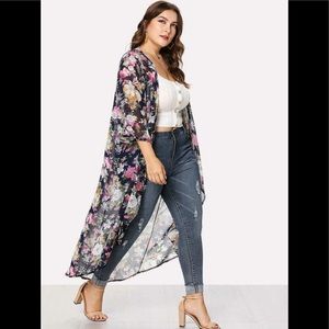 Plus Floral Print Open Front Kimono Sz 1XL